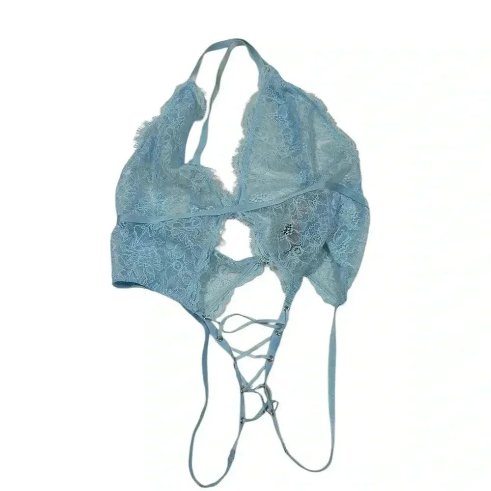 Victoria's Secret Lacy Lace-Up Crotchless Light Blue  Size XL NWT